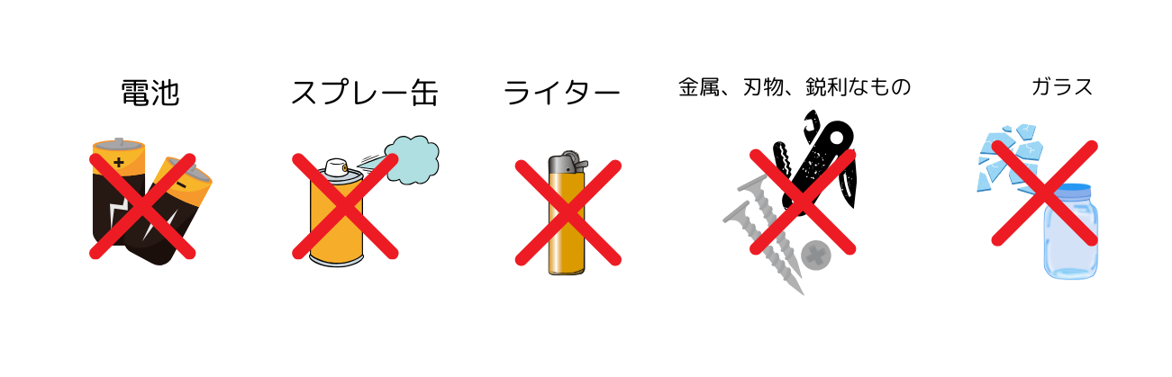 電池、スプレー缶、ライター、金属・刃物・鋭利なもの、ガラス